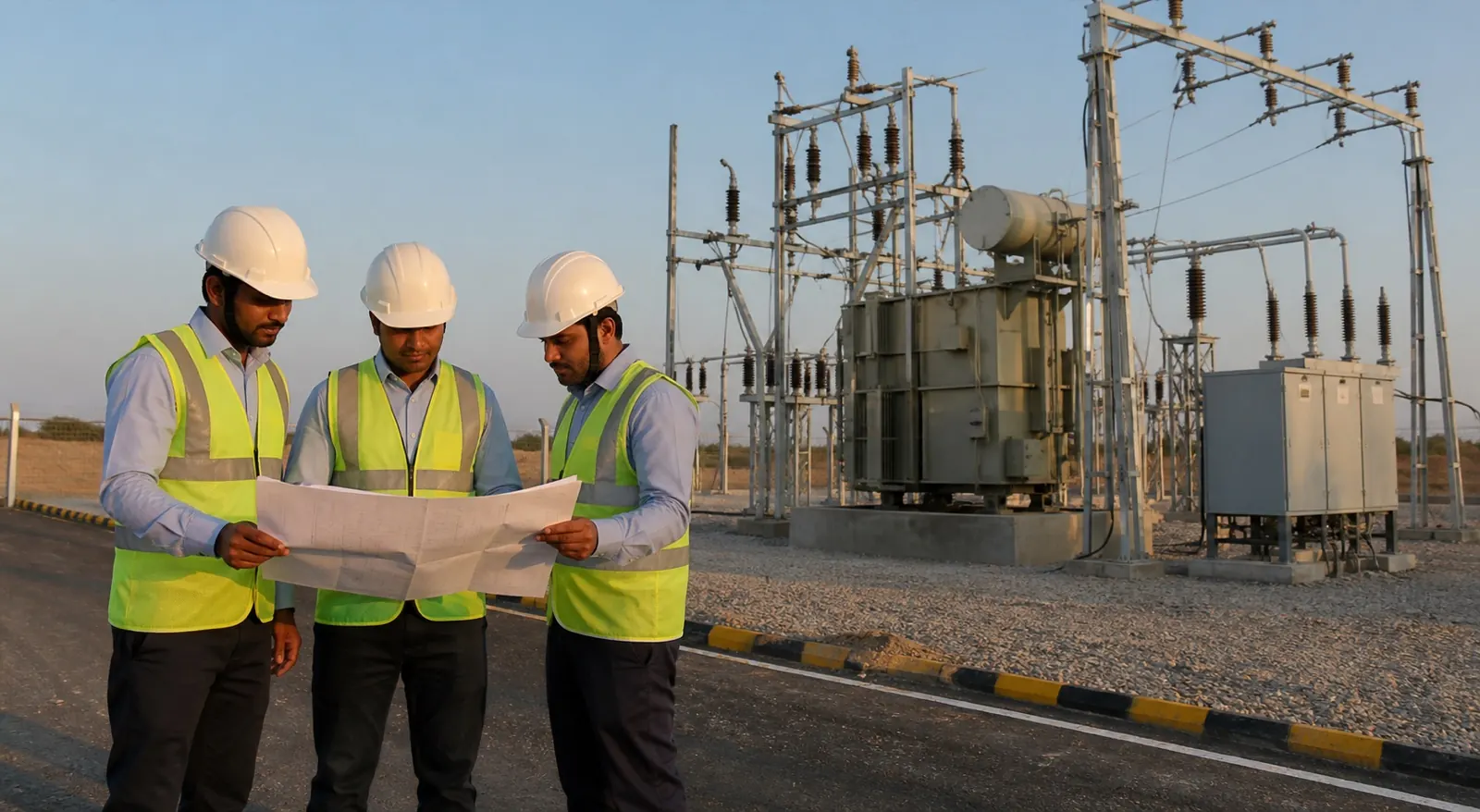 Indian engineers reviewing work beside a 33 kV substation in Rajasthan