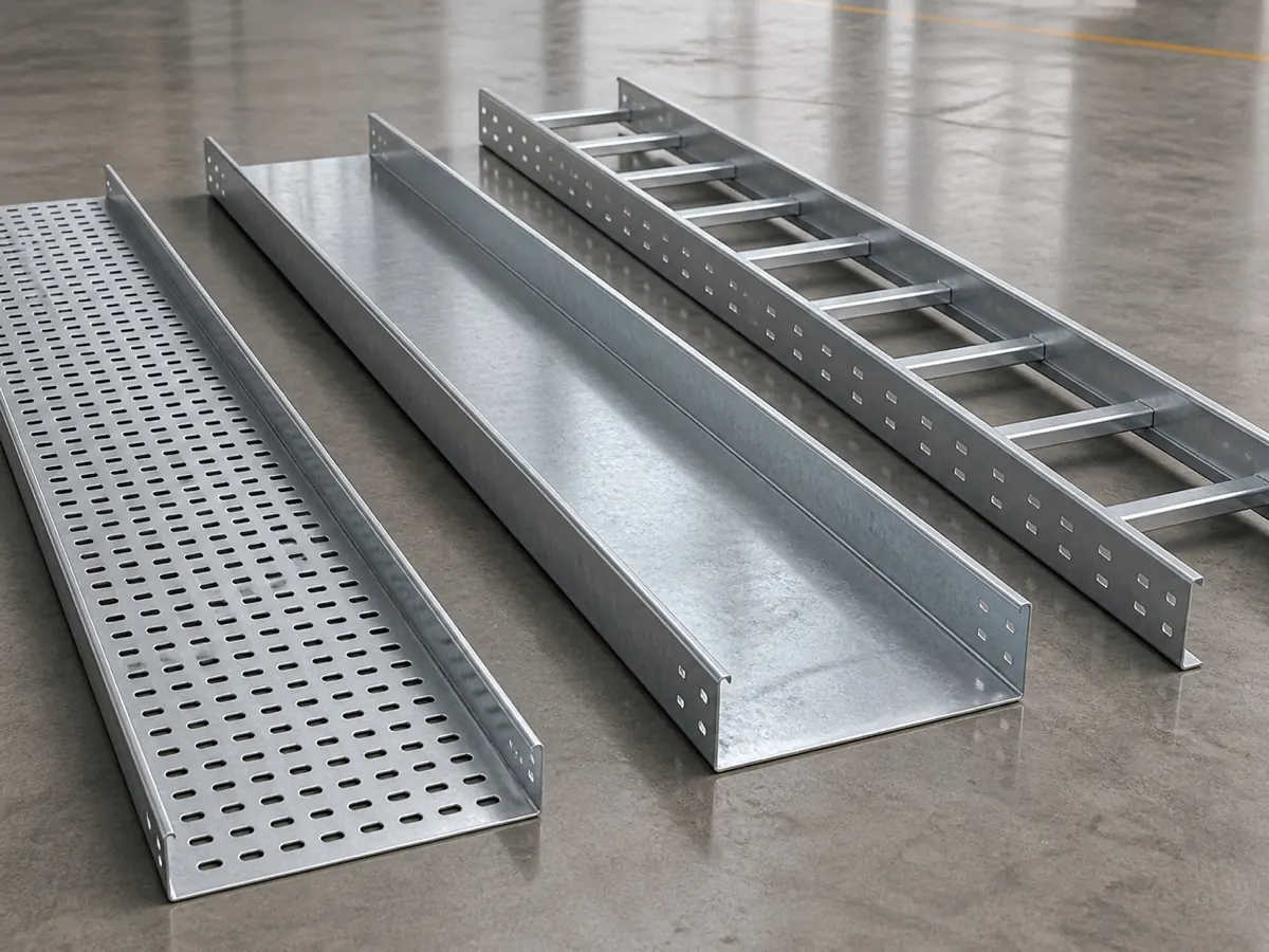 Perforated and ladder cable tray sections arranged for comparison