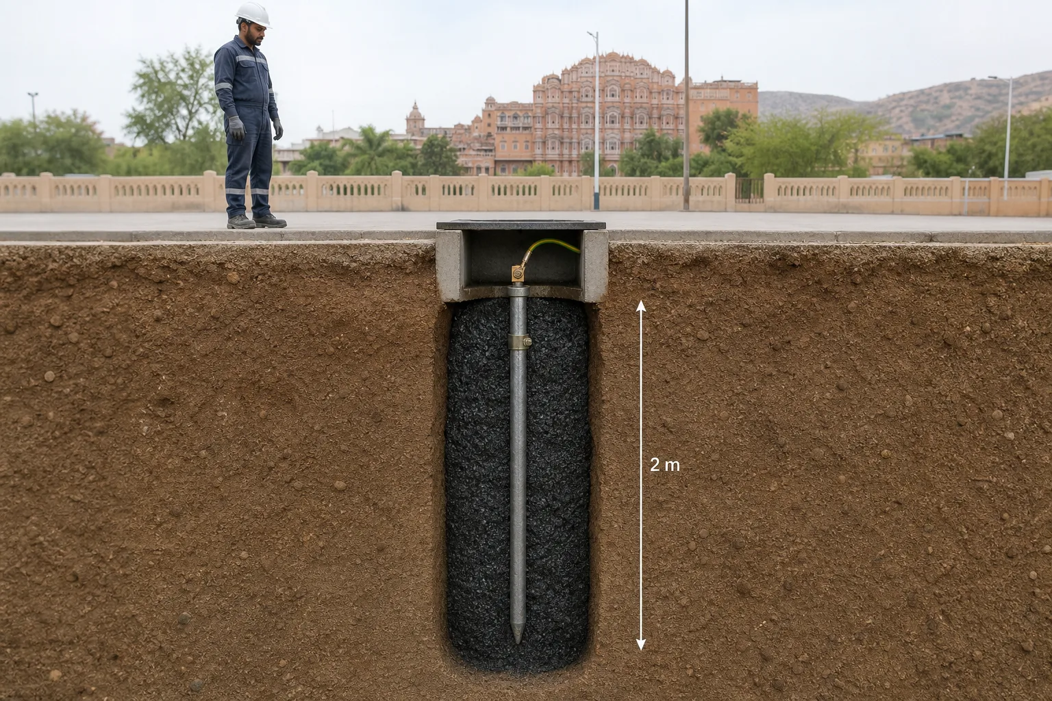 Illustrative full two metre buried electrode with an accessible inspection chamber