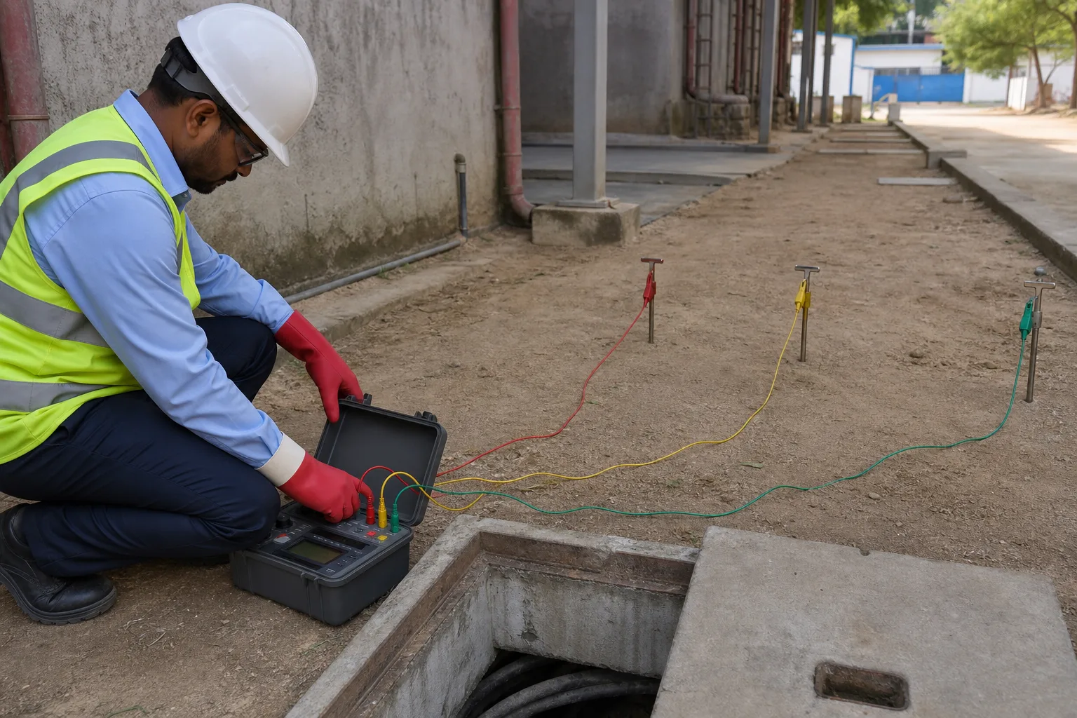 Indian engineer performing an earth resistance test with a dedicated tester and temporary probes