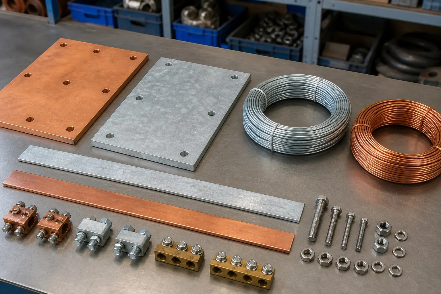 Copper and galvanized earthing plates, strips, wire and clamps on a workbench