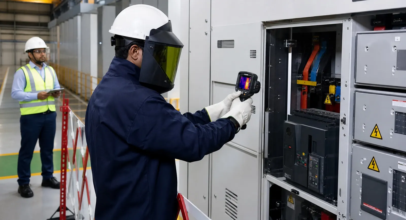 Indian electrical auditor checking equipment during a field inspection