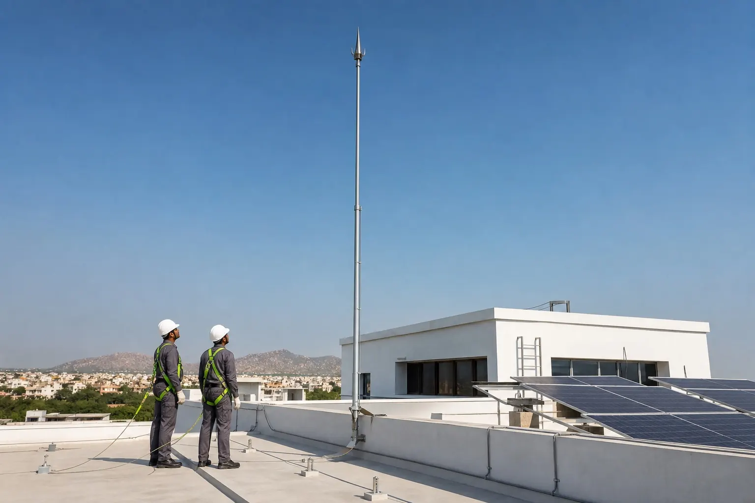 Eurostar ESE lightning air terminal on a mast above an industrial roof