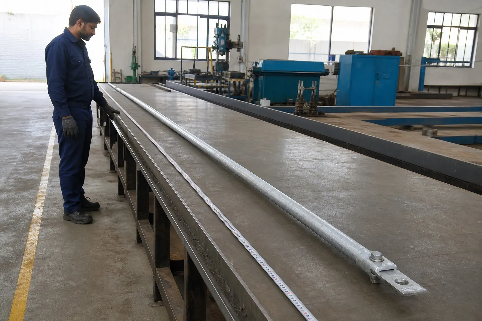 Full-length GI chemical earthing electrode displayed beside an Indian technician