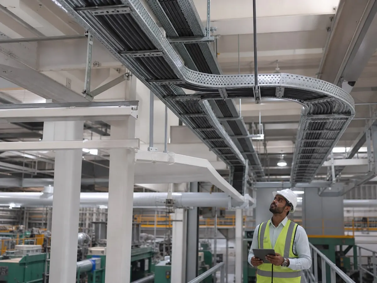 Galvanized cable tray installation inside an industrial plant