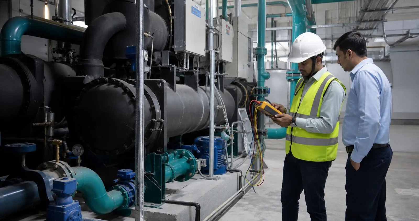 Indian energy auditor measuring an industrial chiller plant