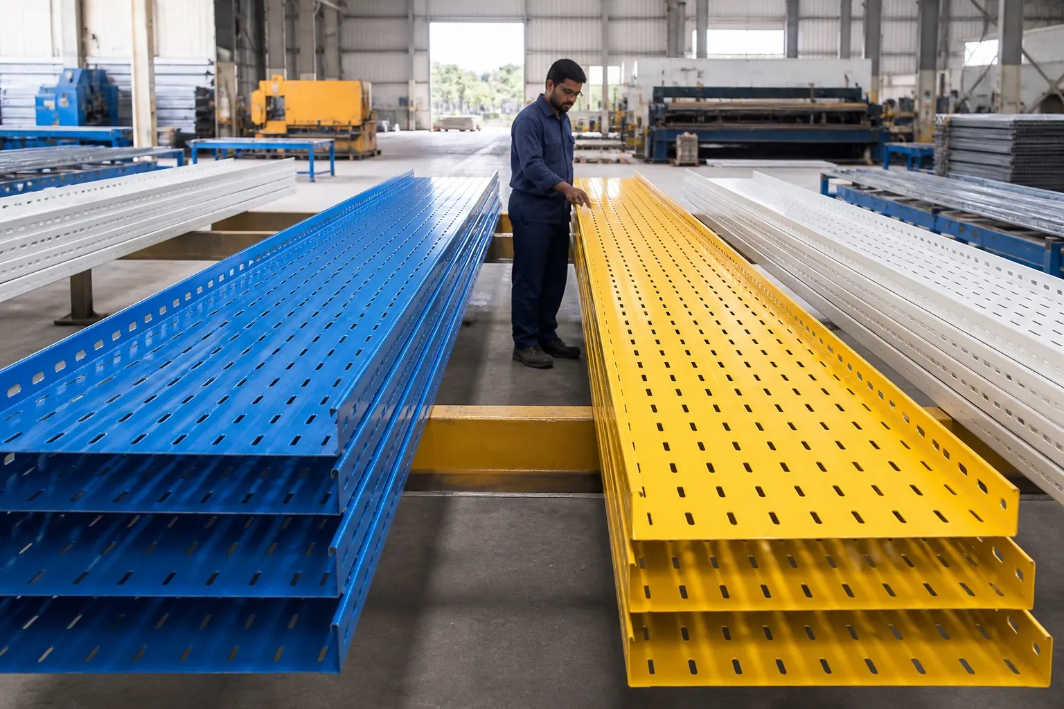 Indian technician inspecting powder-coated cable trays