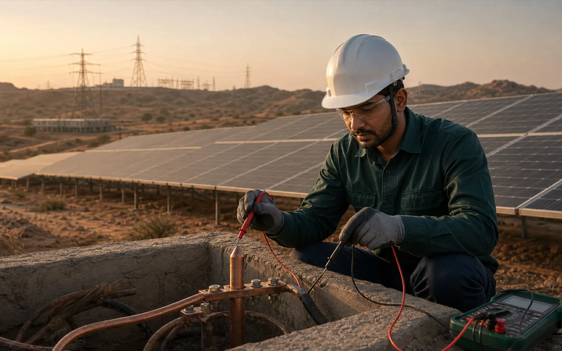 Indian engineer inspecting electrical equipment at a Rajasthan solar plant