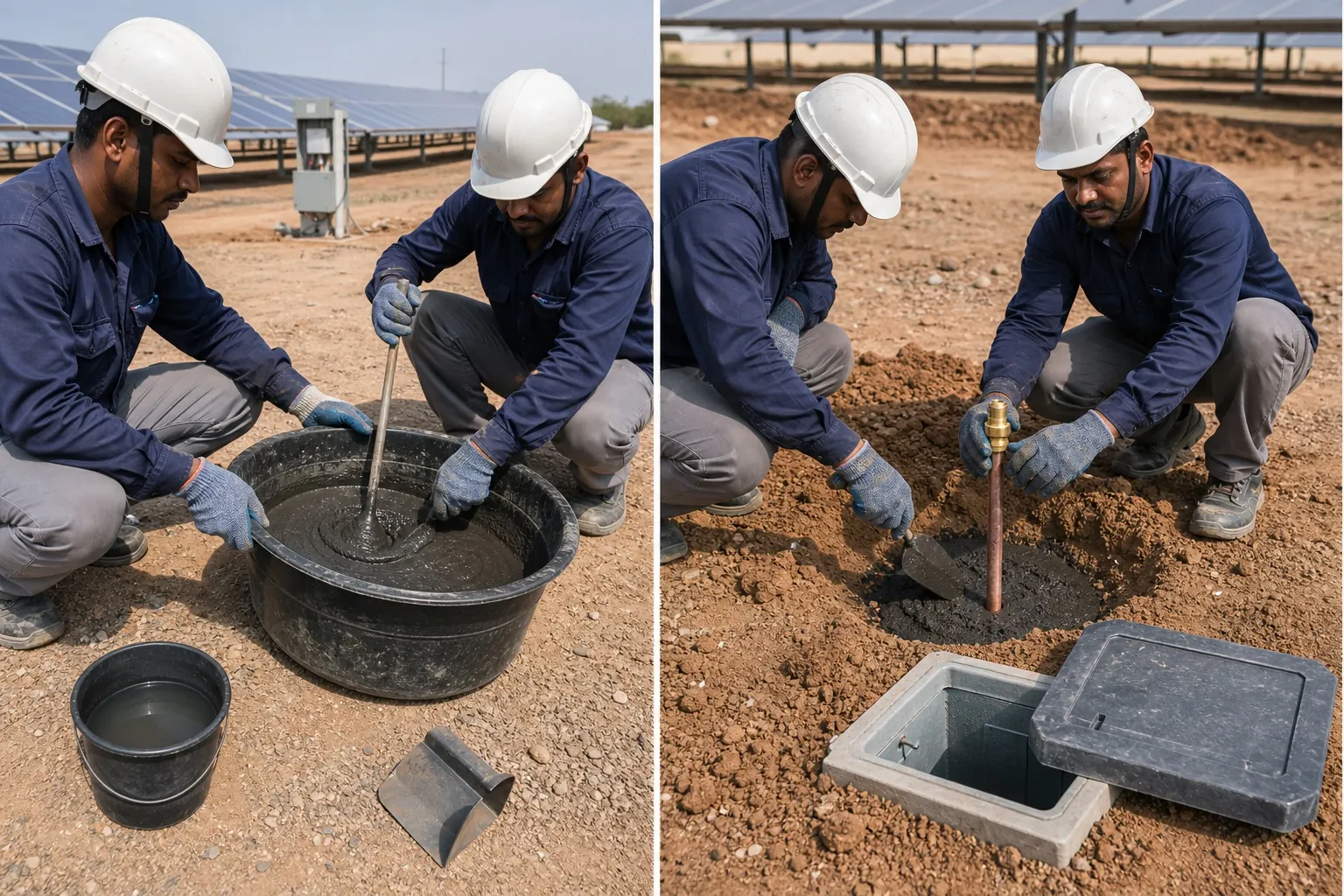 Indian technicians premixing wet conductive backfill before placing it around an earthing pit